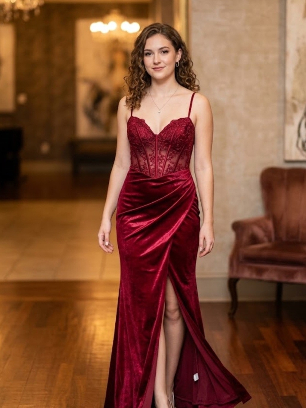 Windsor Wine Red Velvet Lace Corset Prom Dress